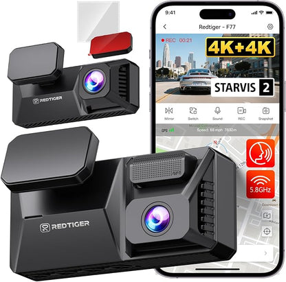 REDTIGER F77 & 3M Adhesive, 4K+4K Dash Cam Front and Rear, Dual STARVIS 2 IMX678 HDR, Built-in 128GB eMMC, Voice Control Dash Camera for Cars with 5.8GHz WiFi, 4'' Touch Screen, GPS, Night Vision
