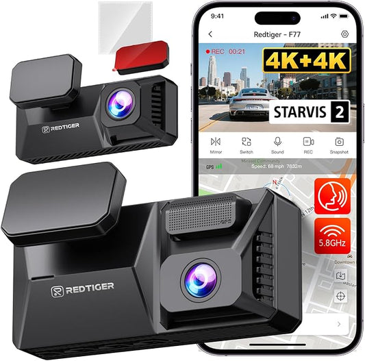 REDTIGER F77 & 3M Adhesive, 4K+4K Dash Cam Front and Rear, Dual STARVIS 2 IMX678 HDR, Built-in 128GB eMMC, Voice Control Dash Camera for Cars with 5.8GHz WiFi, 4'' Touch Screen, GPS, Night Vision
