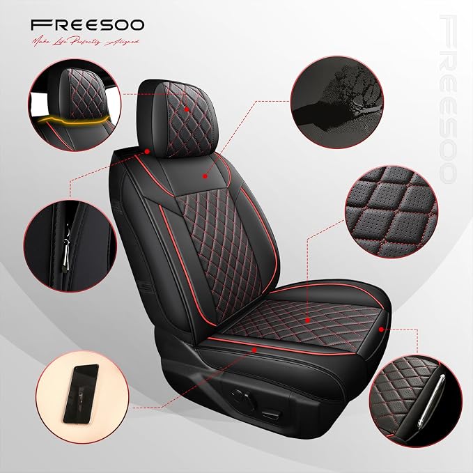 FREESOO Car Seat Covers Full Set for Dodge Ram 2002-2018 1500 & 2011-2026 2500 3500 Crew Quad Cab, 2019-2024 Ram 1500 Classic Leather Seat Cover, with Curved Bench, Black Red