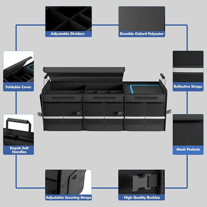 MEI&CO Car Trunk Organizer - 2.5mm PP Board Built, 35L Leakproof Cooler, 105L Capacity, 2 Tie-Down Straps, 4 Adjustable Dividers, Foldable Design for SUVs, Trucks, and Cars