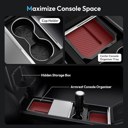 XINTUO Center Console Organizer Tray for Tesla Model Y Juniper 2025-2026 & Model 3 Highland 2024-2026 [Premium PC + Silent Silicone Liner] Cup Holder for Tesla Model Y Juniper Accessories