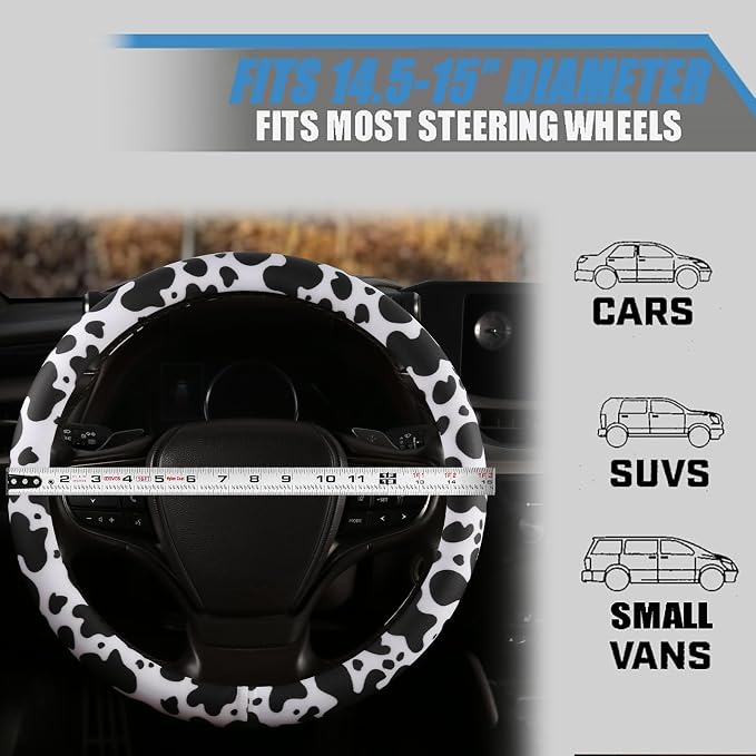 Cow Print Steering Wheel Cover with Silicone Inner Ring, Non-Toxic, Odorless Silicone Leather with Non-Fading Cow Pattern for Men Women, Universal 14.5 to 15 Inch (Cow Print)