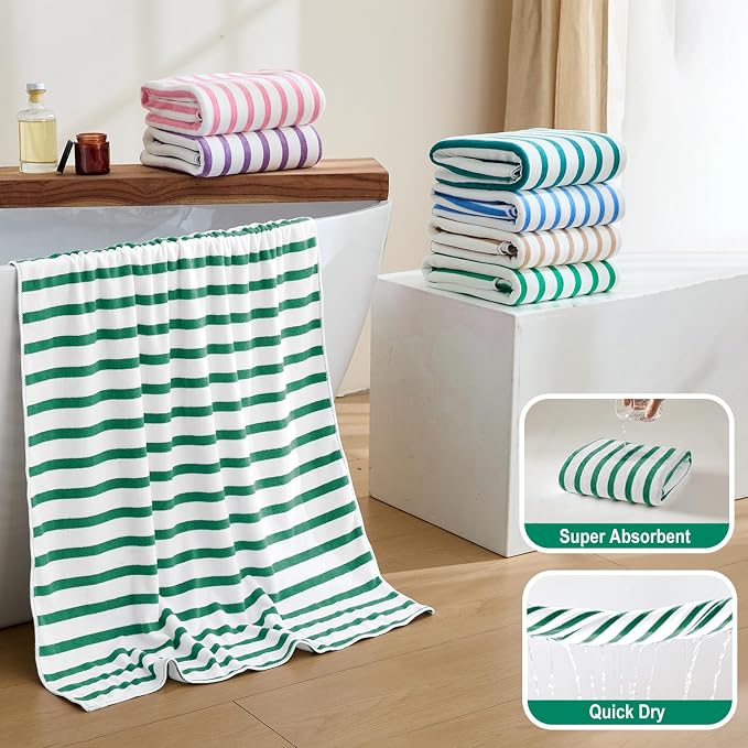 JML Microfiber Beach Towels, 6 Pack, 27" x 55", Large Bath Towel Set for Adult- Cabana Stripe - Absorbent, Quick Drying Lint-Free, No Fading for Summer Party, Pool, Sport, Yoga, Swimming, Green