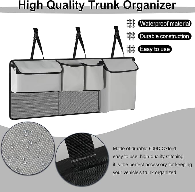 UYYE Trunk Hanging Organizer, Backseat Storage Bag, Collapsible Car Interior Accessories with 4 Pockets & 2 Mesh Pouches for Tools, Provide More Storage Trunk Space for SUV, Jeep, MPVs (Light Grey)