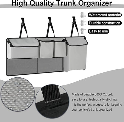 UYYE Trunk Hanging Organizer, Backseat Storage Bag, Collapsible Car Interior Accessories with 4 Pockets & 2 Mesh Pouches for Tools, Provide More Storage Trunk Space for SUV, Jeep, MPVs (Light Grey)