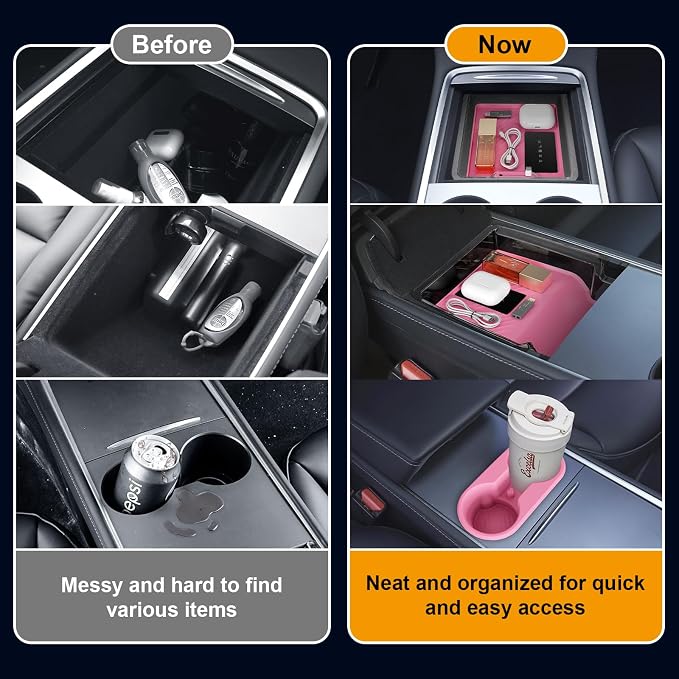 Pink Center Console Organizer 5PCS for Tesla Model Y Accessories 2024-2020 (Not Fit Juniper) Armrest Storage Tray with Hidden Box, Cup Holder Insert & Under Seat Storage - Custom Fit Interior Decor