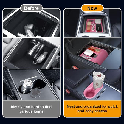 Pink Center Console Organizer 5PCS for Tesla Model Y Accessories 2024-2020 (Not Fit Juniper) Armrest Storage Tray with Hidden Box, Cup Holder Insert & Under Seat Storage - Custom Fit Interior Decor