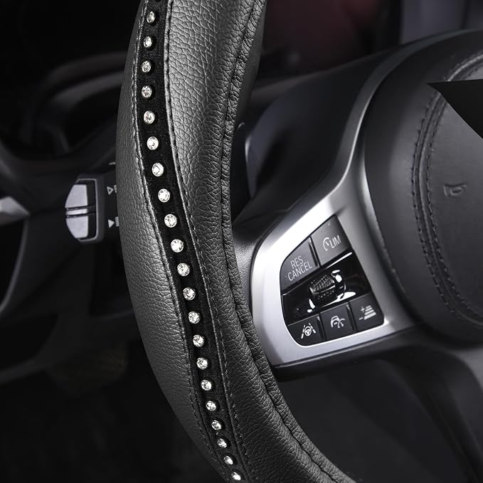 AUTOYOUTH Bling Steering Wheel Cover - Crystal Studded Rhinestone Non-Slip Breathable Design for Women/Girls, Universal Fit 14.5-15 Inch Black
