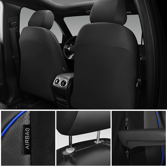CAR PASS 3D Foam PU Leather Car Seat Covers, Universal Seat Covers Front 2 for Trucks SUV Sedan Automotive Seat Covers Armrest Airbag Compatible Waterproof Comfortable Faux Nappa Leather Black Blue