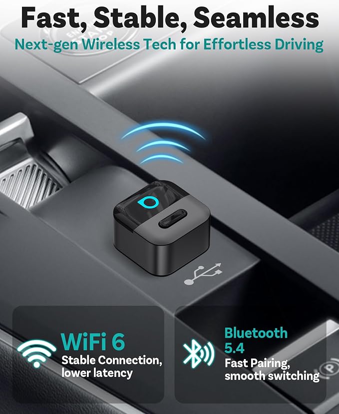 OTTOCAST Mini Pico Wireless CarPlay & Android Auto Adapter – WiFi 6 + Bluetooth 5.4, Plug & Play, Fast Auto-Reconnect, Ultra-Compact Design, Works with Factory Wired CarPlay Cars