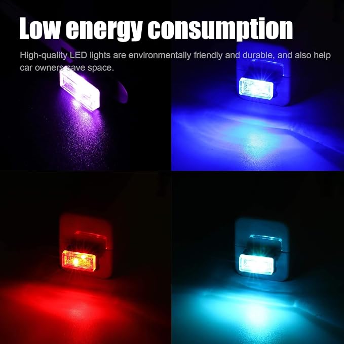 Ziciner 4 PCS USB LED Car Interior Atmosphere Lamp, Portable Mini LED Night Light, Plug-in USB Interface Trunk Ambient Lighting Kit, Universal Interior Accessories (Blue+Red+Ice Blue+Purple)