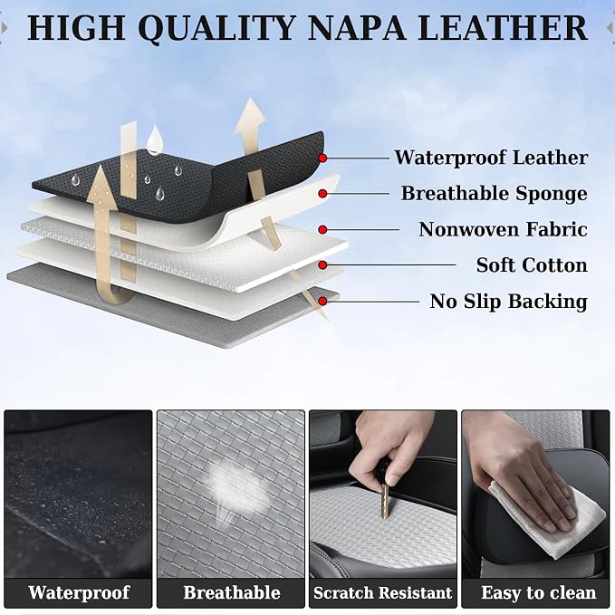 Coverado Seat Covers, Car Seat Covers Front Seats, Waterproof Nappa Leather Auto Seat Cover with Lumbar Head Pillow, Black Gray Seat Covers Carseat Cover Universal Fit for Most Cars