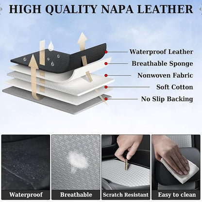 Coverado Seat Covers, Car Seat Covers Front Seats, Waterproof Nappa Leather Auto Seat Cover with Lumbar Head Pillow, Black Gray Seat Covers Carseat Cover Universal Fit for Most Cars