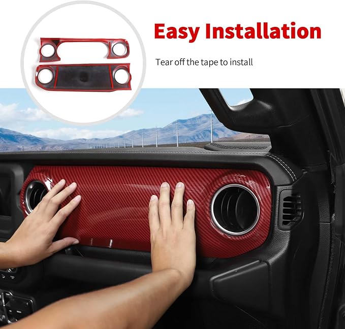 for JL Dashboard Decorative Panel Cover, Center Console Trim Cover Kit Compatible with 2018-2023 Jeep Wrangler JL JLU & Jeep Gladiator JT(Red Carbon Fiber)
