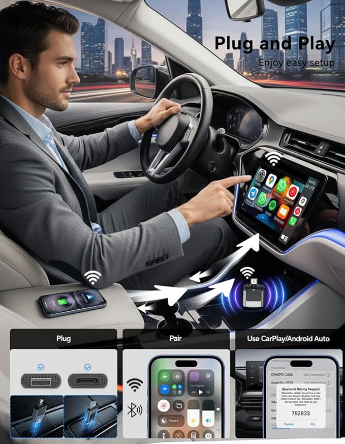 Wireless CarPlay and Android Auto Adapter, USB-A and USB-C Dual Connector Version, 2 in 1 Wireless Adapter for Factory Wired CarPlay Android Auto Cars, OEM Control Support