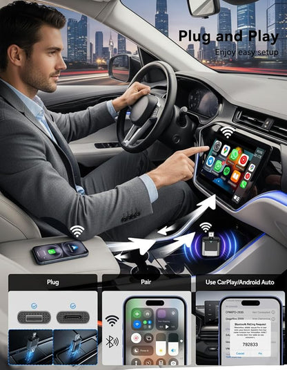 Wireless CarPlay and Android Auto Adapter, USB-A and USB-C Dual Connector Version, 2 in 1 Wireless Adapter for Factory Wired CarPlay Android Auto Cars, OEM Control Support