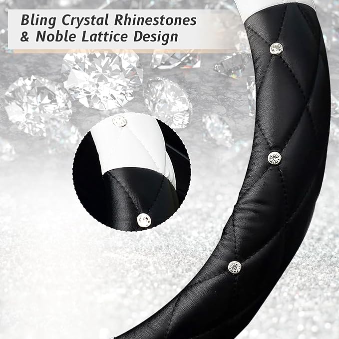 KAFEEK Diamond Soft Leather Steering Wheel Cover with Bling Bling Crystal Rhinestones, Universal 15 inch, Black White