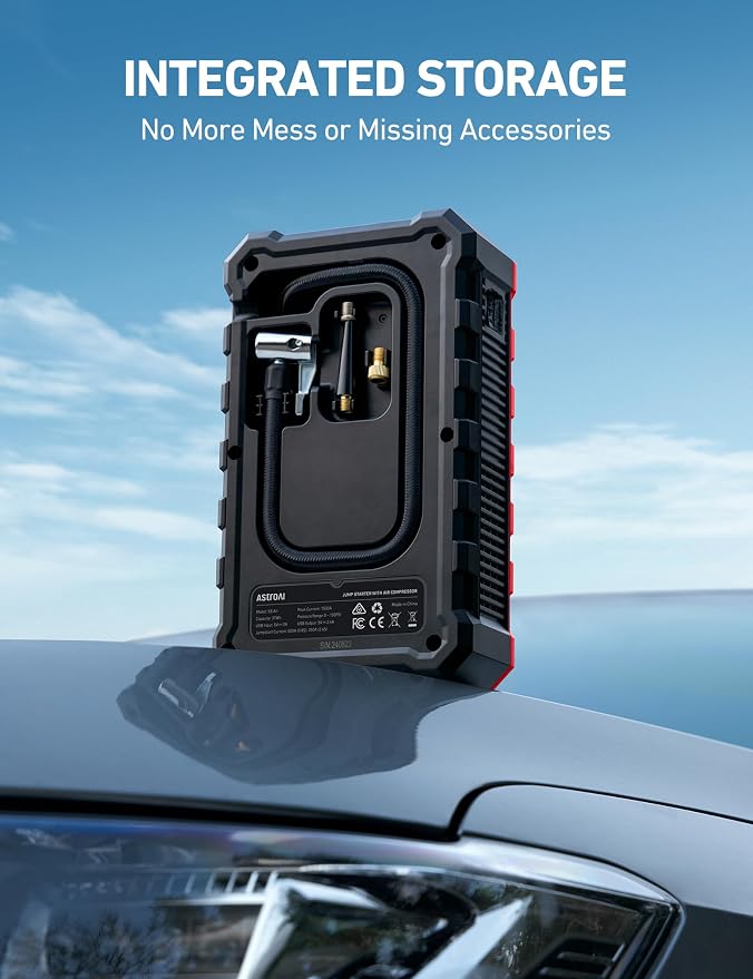 AstroAI S8 Air Jump Starter with Air Compressor,3000A Peak Car Battery Jump Starter Portable (9.0 Gas/6.5L Diesel) with 150PSI Cordless Auto-Shutoff Tire Inflator, 12V Battery Charger Booster(Red)