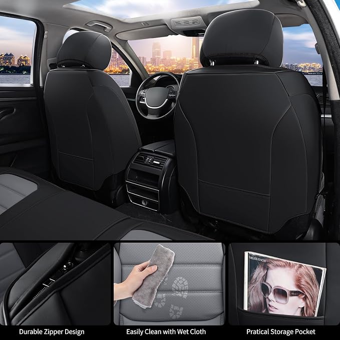 Car Seat Covers Full Set, Universal Leather Seat Covers for Cars, Breathable & Waterproof Automotive Seat Cover for Most Sedans, SUVs, Trucks, Full Coverage Seat Protector, Black Gray