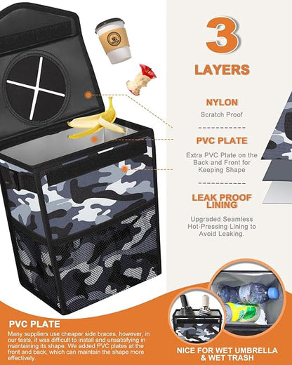 Pritent Car Trash Can with Lid, Cute Leakproof Car Trash Garbage Bag Hanging Vehicle Trash Bin Small Portable Automotive Garbage Cans Organizer for Back/Front Seat/Console(Trapezoid,Camo Grey)