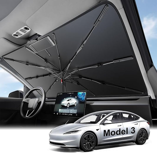 2026 Upgraded Windshield Sun Shade Umbrella for Tesla Model 3 [Precision Custom Fit, Superior UV & Heat Block] Cooling Tech Fabric, Durable Foldable with Storage Bag, Fits 2017-2026
