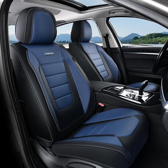 Coverado Car Seat Covers Full Set, Nappa Leather Seat Covers for Cars, Car Seat Protector Car Seat Cushion, Front and Back Seat Protectors Cushions Universal Fit for Most Cars Vehicles(Black&Blue)