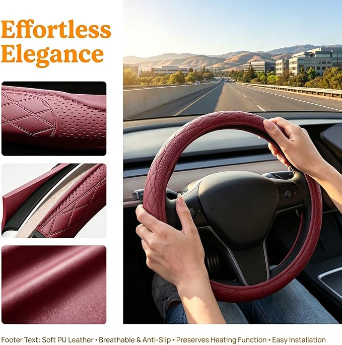 Zpana Car Steering Wheel Cover, 14.5-15" Breathable Soft Leather Vehicle Steering Wheel Protector with Anti-Slip Lining, Comfortable Auto Interior Decoration Accessories, Universal Fit (Red)