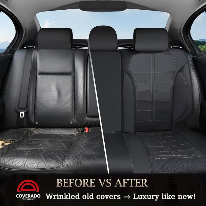 Coverado Rear Seat Covers for Cars Luxury Faux Leather Waterproof Automotive Seat Protector Universal Fit for Most Cars SUV Trucks, Black