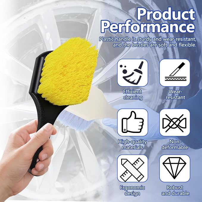 Hovom Car Wash Brush for Tire & Wheel Rim, Soft Bristle Wheel Cleaning Brushes, Short Handle Tire Cleaner Brush Releases Dirt and Road Grime, Universal Car Cleaning Supplies (Yellow)