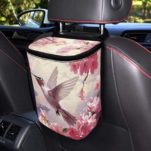 Talayituse Hummingbird Cherry Blossom Print Car Trash Can with Lid, Leak Proof Auto Trash Bag Hanging Vehicle Garbage Can Multipurpose Storage Container for Back Seat Road Trip