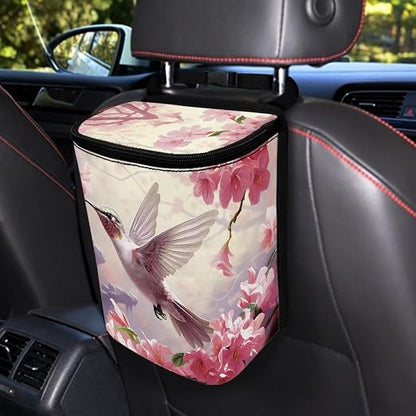 Talayituse Hummingbird Cherry Blossom Print Car Trash Can with Lid, Leak Proof Auto Trash Bag Hanging Vehicle Garbage Can Multipurpose Storage Container for Back Seat Road Trip