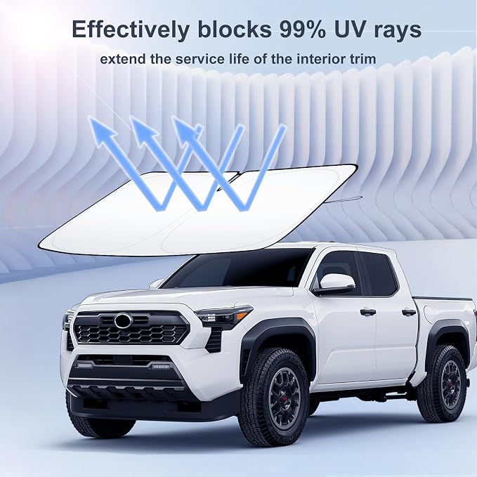 Windshield Sun Shade for 2024 2025 2026 Toyota Tacoma Accessories Custom Fit Pickup Foldable Front Window Sun Visor 310T Thickened UV Heat Insulation Protection Keep Cool