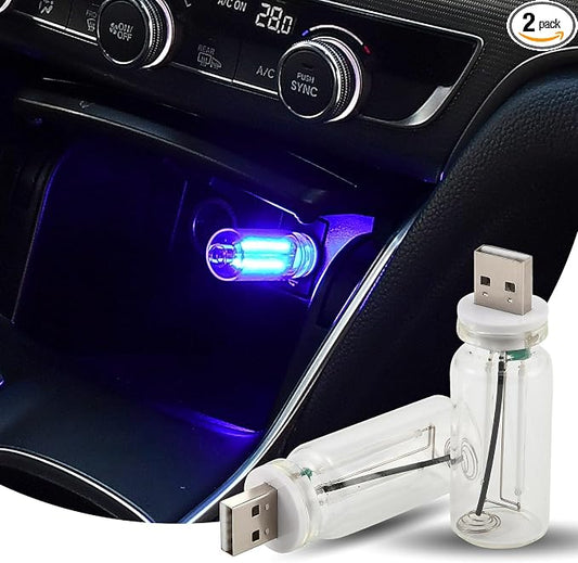 JSCARLIFE 2 PCS Car USB Ambient Lights, Touch Dimmable Car Interior Ambient Lights, 4-Level Brightness Mini Retro Glass Bottle Lamp Decorations for Car/Bedroom/Study (Blue)
