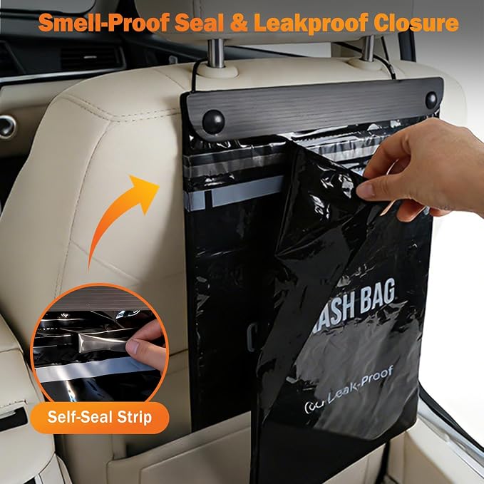 50 Count Recycled Disposable Car Trash Bags - 2.5 Gallon Heavy Duty Alternative to Bulky Car Trash Can & Car Garbage Can, Leakproof Smellproof Hanging & Stick-On Garbage Bag for Car, SUV, Truck