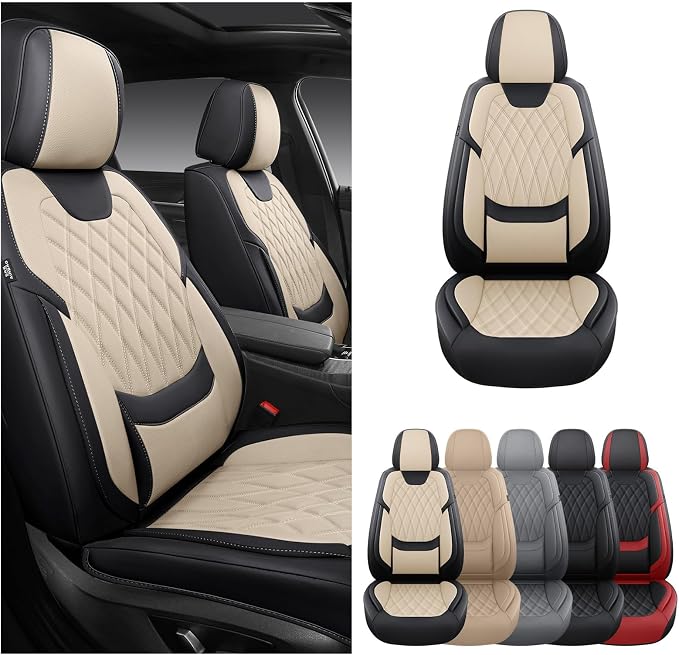 FREESOO Front Car Seat Covers - Luxury Breathable Waterproof Faux Leather Car Seat Cushion Protectors with Lumbar Support, Universal Fit for Most 5 Seats Vehicles Sedans Hatchbacks Trucks, Black Beige