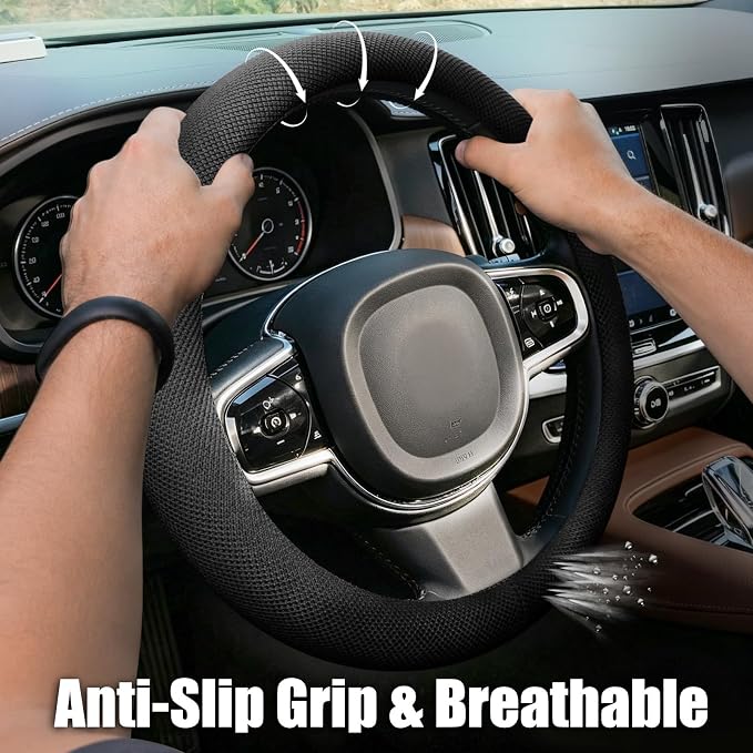 Universal Black Steering Wheel Cover, Microfiber Ice Silk Non-Slip Breathable Cooling Steering Wheel Protector with Upgraded Silicone Inner Ring Warm in Winter Cool in Summer