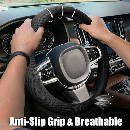Universal Black Steering Wheel Cover, Microfiber Ice Silk Non-Slip Breathable Cooling Steering Wheel Protector with Upgraded Silicone Inner Ring Warm in Winter Cool in Summer
