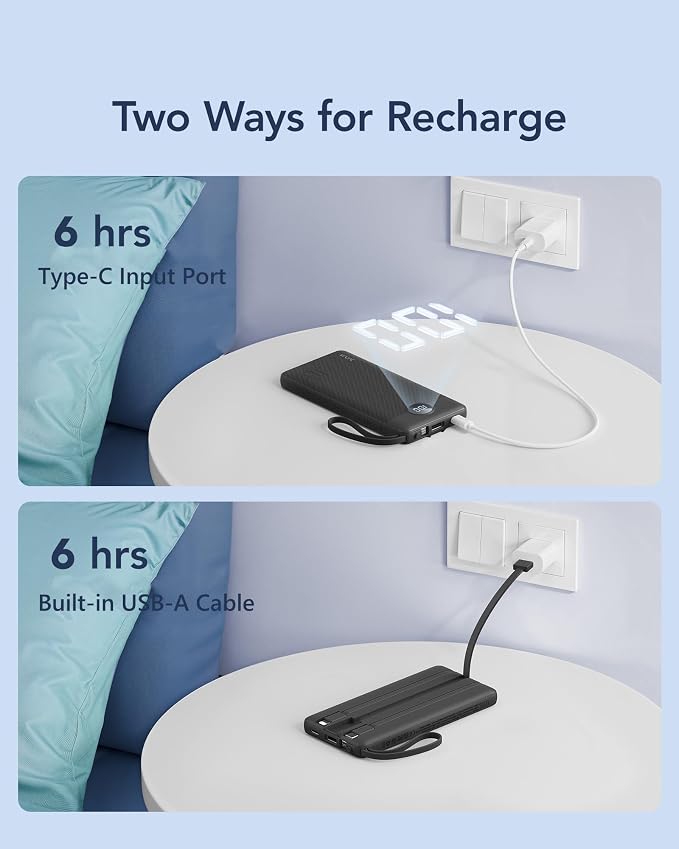 VRURC Portable Charger, Built-in 4 Cables Slim Power Bank 10000mAh, USB C Charging Bank with LED Display, Compact Travel Battery Pack with 5 Outputs for Multi Devices, Android-Black(1 Pack)