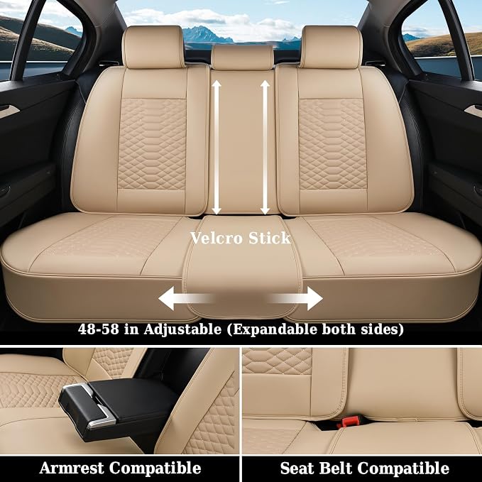 Coverado Car Seat Covers Full Set, Waterproof Nappa Leather Seat Covers for Cars, Universal 5 Seats Car Seat Covers, Front and Back Car Seat Protector, Auto Seat Covers Fit for Most Cars, Beige