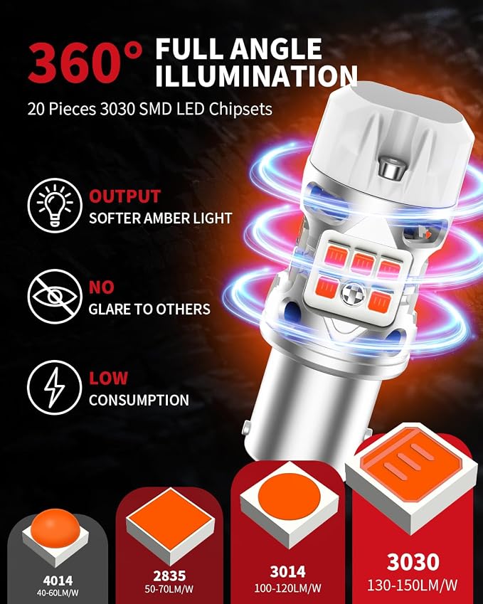 LASFIT T3 1157 LED Bulb Amber Built In Resistor Yellow Turn Signal CANBUS Error Free 500% Bright Blinker 1157A 1157NA 2057 2357 2357A 7528 1034 BAY15D Front DRL Parking Light Anti Hyper Flash(2pcs)