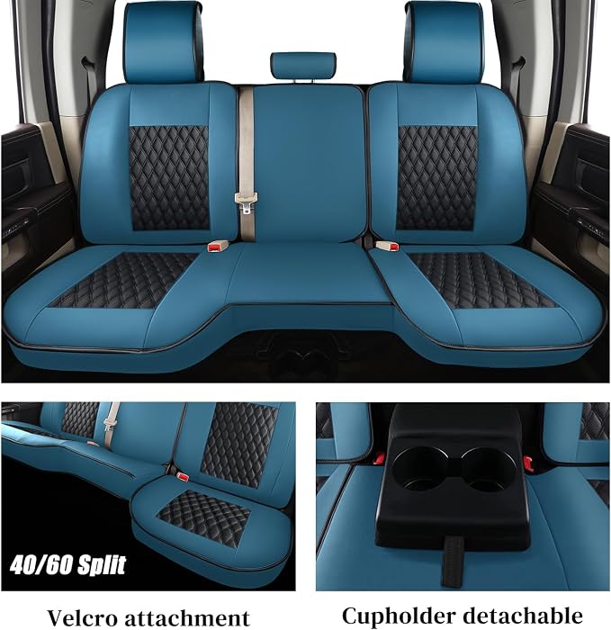 Coverado RAM Seat Covers, Faux Leather Car Seat Covers Full Set Compatible with 2009-2018 Dodge Ram 1500, 2010-2024 2500 3500 Dodge RAM Trucks Seat Covers Ram Accessories (Blue)
