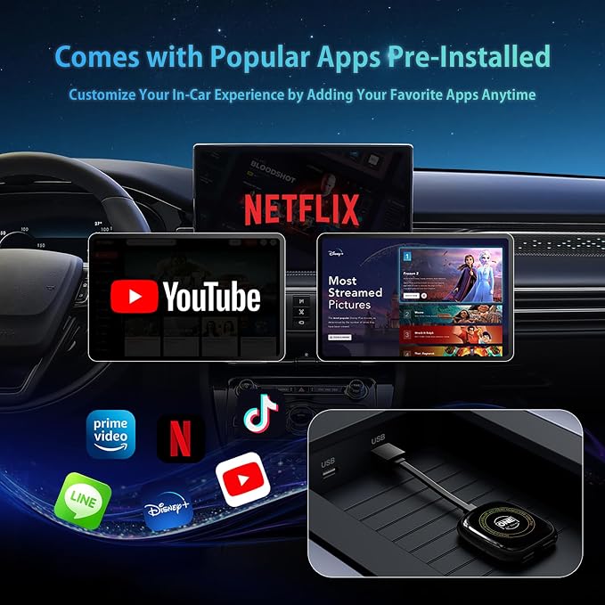 5-in-1 OneCarStereo Wireless CarPlay Adapter Smart AI Box HE with HDMI-Out/USB-Input, Android Auto Video Box Stream OEM Wired Car Play YouTube Netflix TikTok, Dual Band WiFi with OTA Update