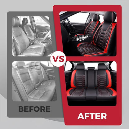 FREESOO Car Seat Covers Leather, Seat Cover Full Set Waterproof Automotive Cushion Protector Accessories Airbag Compatible Universal Fit for 5 Seats Vehicle (Black Red 8)