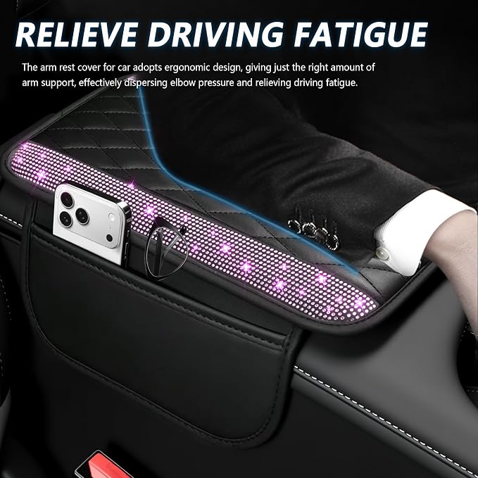Stacool Upgraded Car Center Console Cover with Rhinestones,Microfiber Leather Car Armrest Cover Cushion with 2 Storage Bags,Universal Cars Armrest Storage Box as Cars Interior Accessories