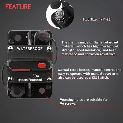 3 Pack 30 Amp Auto Car Stereo Audio Circuit Breaker Fuse 12-48VDC Manual Reset Button Switch Fuses, with Wire Lugs Copper Washer