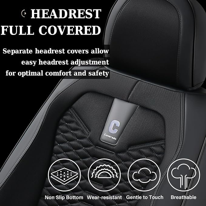 Coverado Car Seat Covers Full Set, 5 Seats Universal Seat Covers for Cars, Breathable Fabric& Faux Leather Auto Seat Cushions, Front and Rear Seat Protectors Fit for Most Sedans SUV Truck, Black