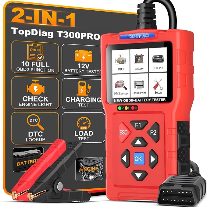 TopDiag T300PRO Car Code Reader & 12V/24V Battery Tester, Automotive Scan Tool for Check Engine Light, Live Data, and Car Battery Health Analyzer for DIYer