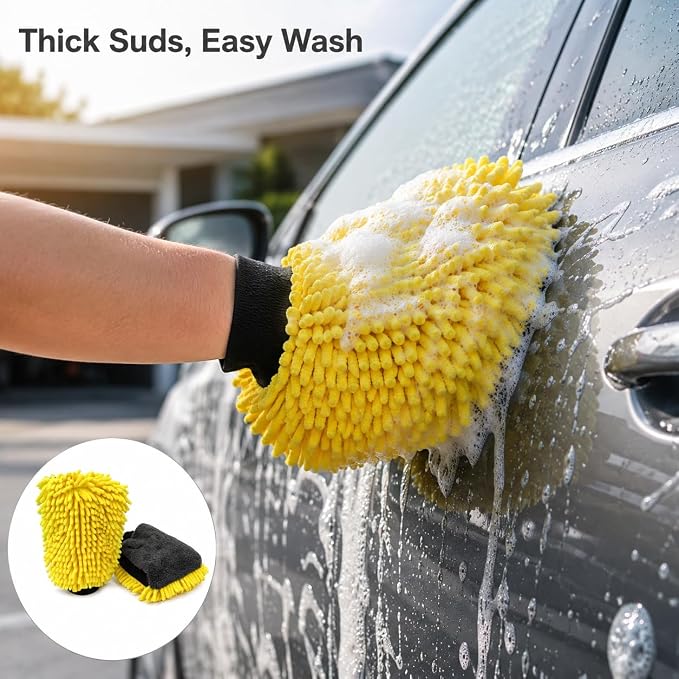 Car Wash Mitt, Double-Sided Chenille Microfiber, Yellow and Black, Waterproof