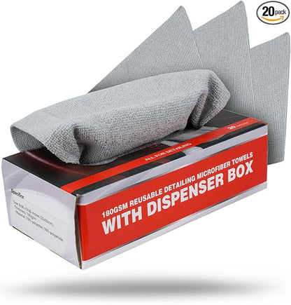 Maxshine Microfiber Detailing Towels | 20-Pack, Grey, 12"x12", 180GSM | Lint-Free, Streak-Free, Machine Washable | Dispenser Box for Car, Home, Auto Detailing