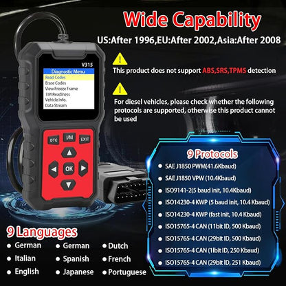 V315 OBD2 Diagnostic Diagnostic Tool Tool, Code Reader, Engine Light Diagnostic Tool, Battery Voltage Tester, for OBD2 Cars & Trucks Since 1996